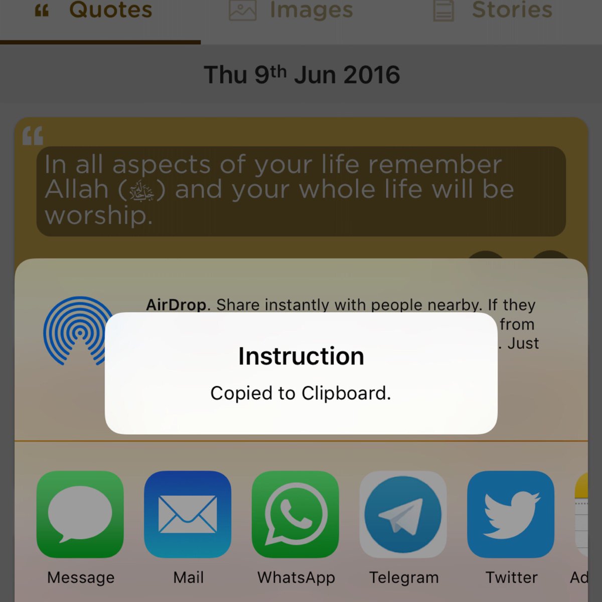 IslamicMoments's tweet photo. Feature: Click the share button on any quote &amp; it copies text ready to paste anywhere. Or share via popular options. https://t.co/0y70jbaAc0