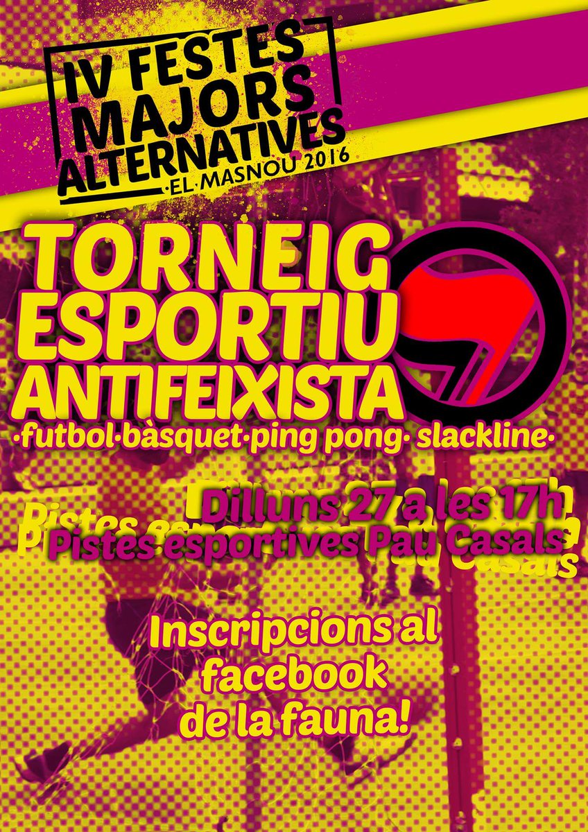 FMAMasnou's tweet photo. Avui portem el Torneig esportiu antifa! El 27 futbol, bàsquet, ping-pong i slackline! Construïm #ElMasnou que volem https://t.co/MAyZmJ4BV6