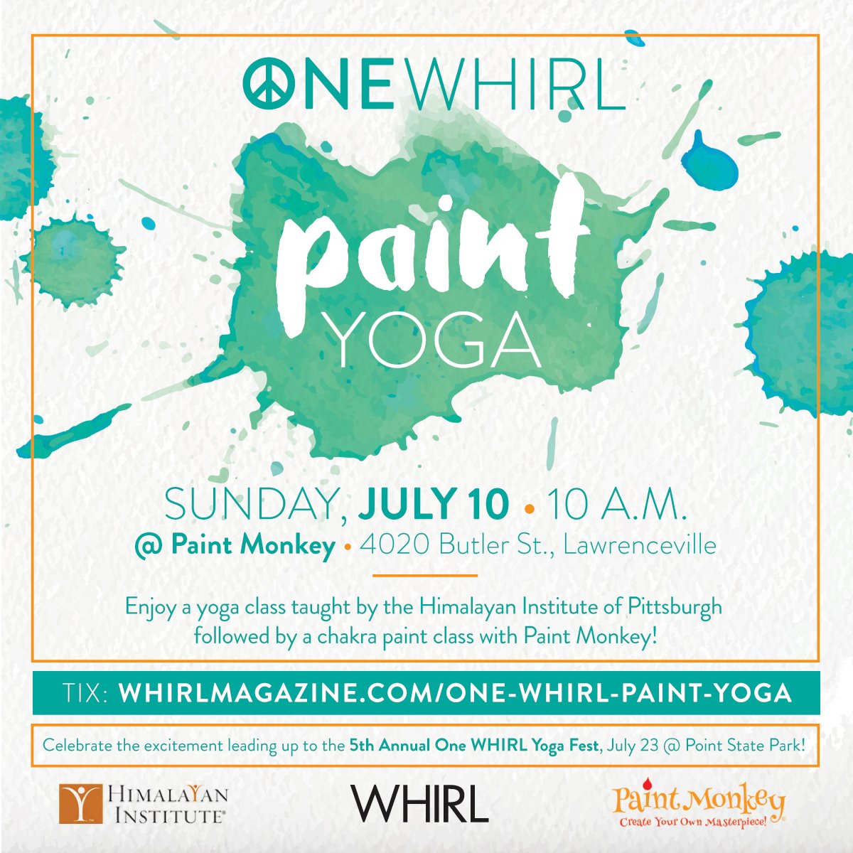 Join us for One WHIRL Paint Yoga, Sunday, July 10 @ 10AM! ONLY 15 SPOTS AVAILABLE! bit.ly/24DlT6I