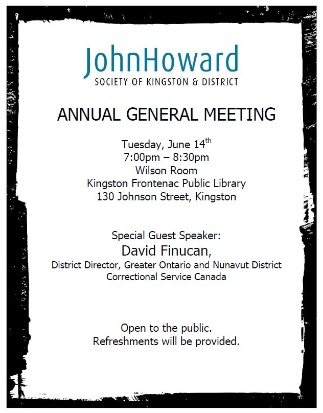 JHSKingston's tweet photo. Join us for John Howard Society of Kingston @JHSKingston AGM Tuesday June 14 7pm Kingston Public Library Wilson Room https://t.co/2ZPrzoHg00