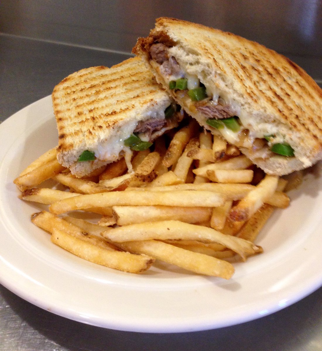 MossbacksPIB's tweet image. Lunch Special: Philly cheese steak panini with fries for $8.99