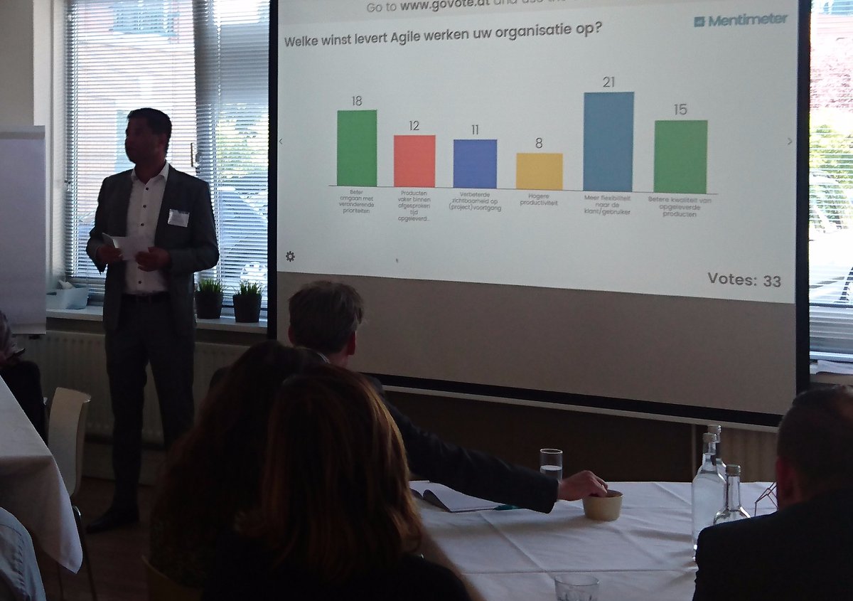Mooie opkomst kennissessie #Agile Governance van <a href="/VKA/">VKA adviesbureau</a> en <a href="/ProwarenessNL/">Prowareness</a>. Opwarming adhv #mentimeter <a href="/marcgillard/">Marc Gill'ard</a>