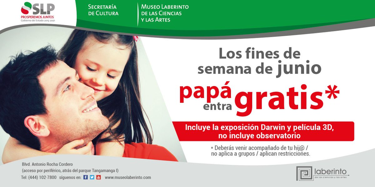 GobEdoSLP's tweet photo. #Recuerda sábados y domingos de junio la entrada de los papás al  @museolaberinto es #gratis. Expo #Darwin y #Peli3D https://t.co/NTeCe8bsWY