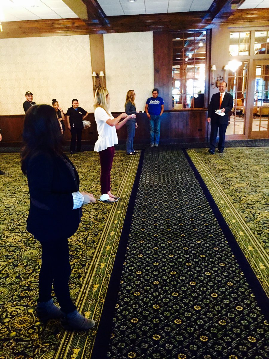 Drakeoakbrook's tweet photo. Egg and spoon racing during daily huddle this morning! Join us in this FUN atmosphere with a stay at The Drake OB! https://t.co/DVO3wdcJlC