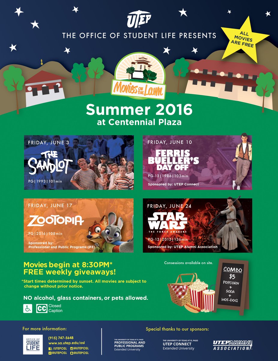 VisitElPasoTX's tweet photo. FREE Tomorrow: Ferris Bueller's Day Off at the UTEP's Movies on the Lawn movie series! #ItsAllGoodEP https://t.co/LsRedt5pcr