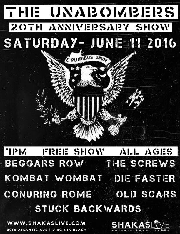 Saturday at shakas. Free show with a shit ton of bands celebrating the unabombers 20th anniversary! @beggarsrowvb