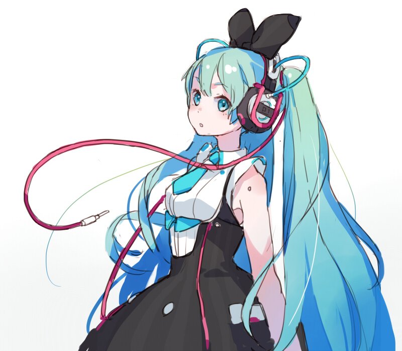 hatsune miku ,magical mirai miku 1girl cable long hair solo headphones necktie aqua eyes  illustration images