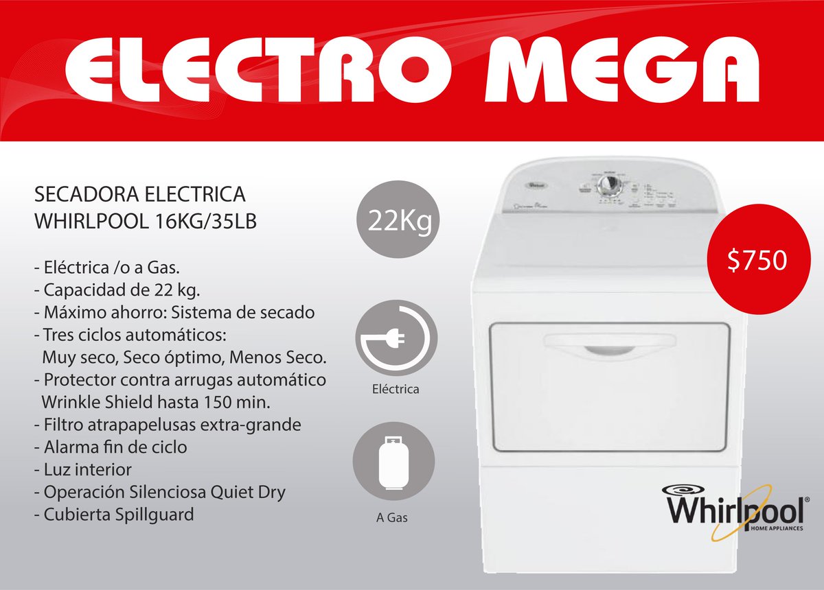 ElectroMegaEc's tweet photo. Secadora Whirlpool de 22Kg Modelo 7MWGD5600 
Precio $ 750 Dólares https://t.co/M4ZtgJZwGK