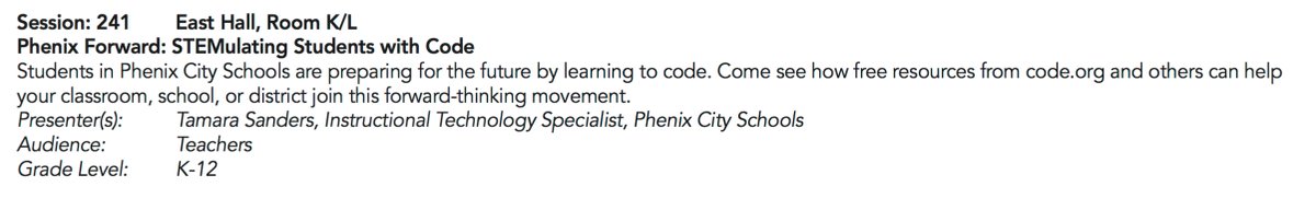 itsinpc's tweet photo. Come join me for a fun hour of coding and more...East Hall K/L. #AETC2016 #STEMposium2017 @PCBOE https://t.co/xRIWD83CHF