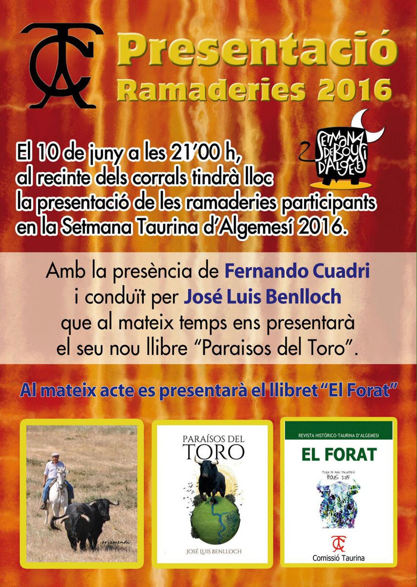 Comisioalgemesi's tweet photo. PRESENTACIÓ DE RAMADERIES 2016. Demà, Divendres 10 de juny a les 21:00 als corrals!! #bousalgemesí16
#algemesí https://t.co/7XvoXhljDy