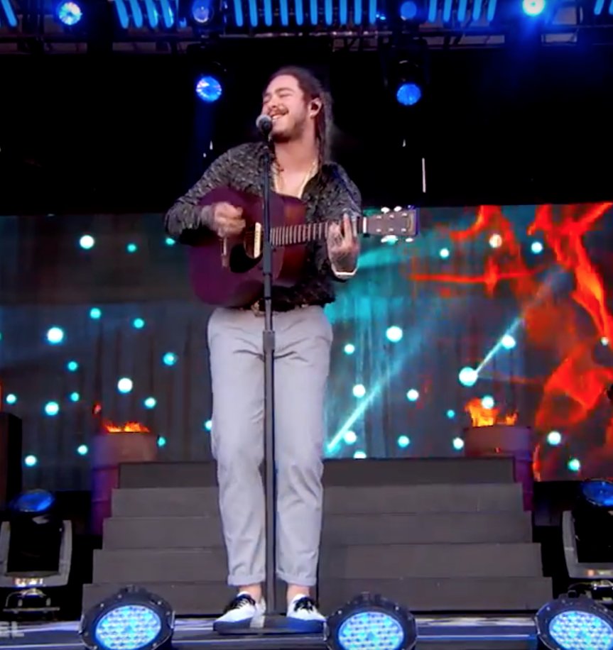 Post Malone Had Mad Gqstyle On Kimmel Unbuttoned Silk Shirt Grandpa Pants Pile Of Gold