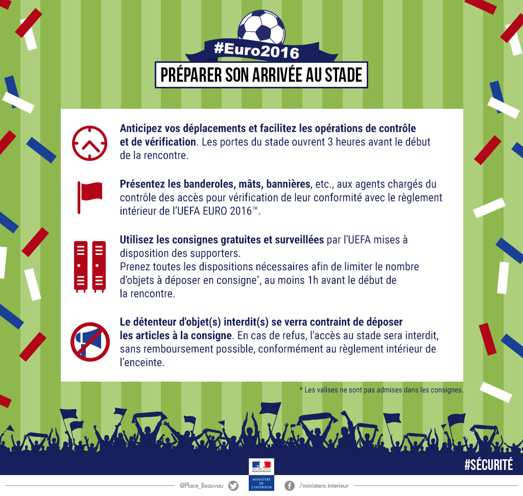 Interieur_Gouv's tweet photo. Ds 24h c'est le coup d'envoi de l'#EURO2016! Préparez votre arrivée au stade et respectez les consignes de #sécurité https://t.co/kieDtKKqne