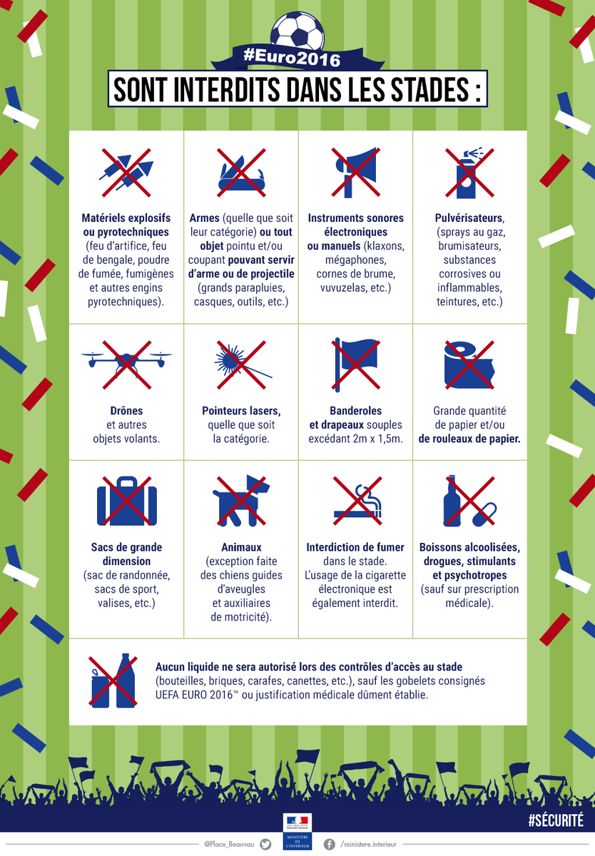Interieur_Gouv's tweet photo. Ds 24h c'est le coup d'envoi de l'#EURO2016! Préparez votre arrivée au stade et respectez les consignes de #sécurité https://t.co/kieDtKKqne
