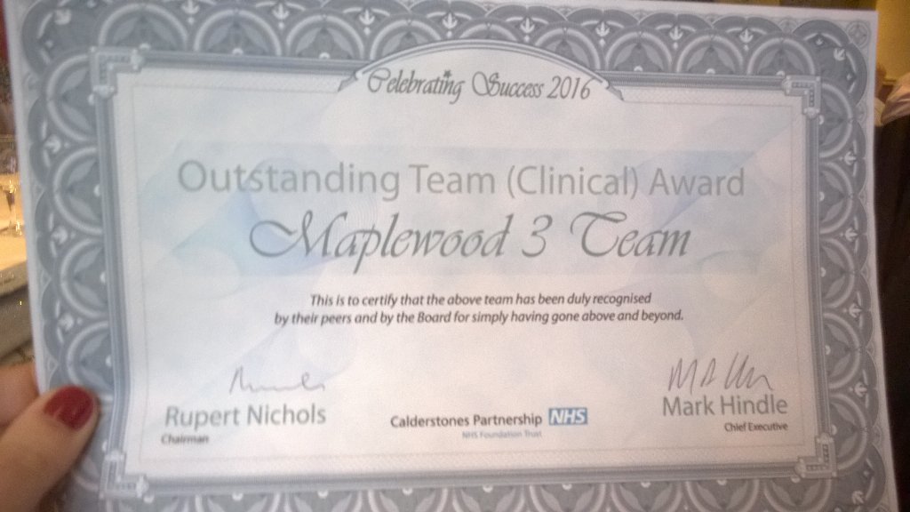 LynseyNuttall's tweet photo. Maplewood 3 win team of year @CalderstonesFT Very proud to work with such a wonderful &amp; welcoming team 😁 https://t.co/34hug9xxvY