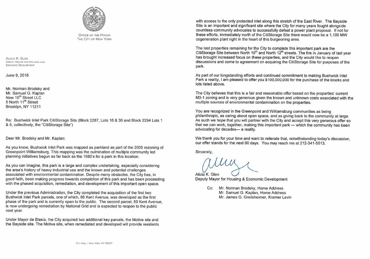 NYCMayor's tweet photo. North Brooklyn deserves Bushwick Inlet Park. Today, NYC made a formal &amp;
fair offer to acquire the CitiStorage site. https://t.co/ol7PCwd3Rx