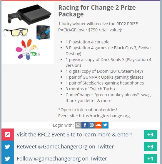 GameChangerOrg's tweet photo. New prizes in the #RacingforChange giveaway: copies of #DarkSouls3, #Doom! Enter to win NOW! https://t.co/b8rtTxIBA8 https://t.co/L5VYQBD6TW