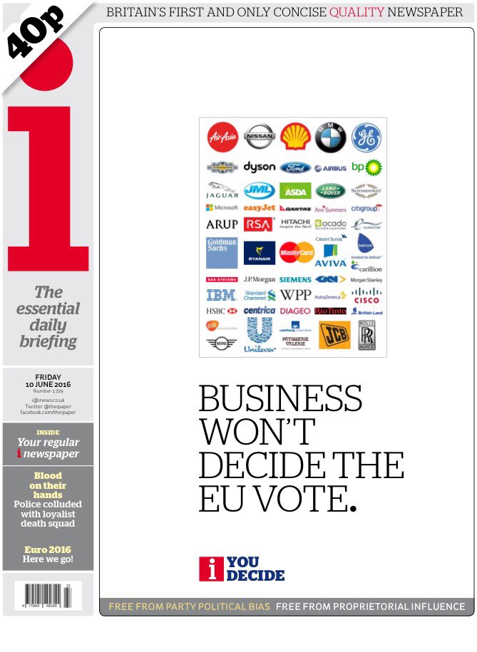 olyduff's tweet photo. You Decide. Friday's front page of i #idecide #EUref https://t.co/fAMbkFVyfC