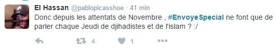 mlogirl's tweet photo. J'ai pas la télé mais d'après twitter #EnvoyeSpecial parle effectivement de terrorisme chaque semaine. https://t.co/xx7W3KUQ5P