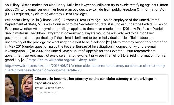 mariemasons's tweet photo. Clinton's Cheryl Mills, Attorney-Client Privilage May Not Protect Them From FOIA Requests.
https://t.co/MWgfKo6JqF https://t.co/9aQtP8ymFP