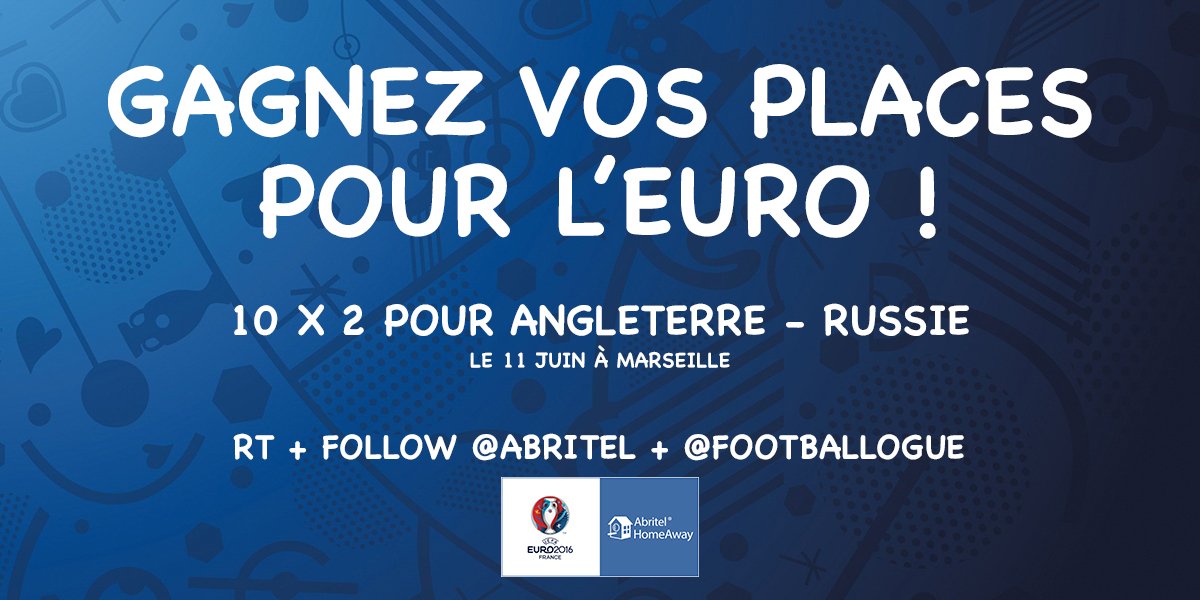 Footballogue's tweet photo. RT + FOLLOW @Abritel et @Footballogue pour tenter de gagner 2 places pour Angleterre - Russie
#EURO2016 https://t.co/nKfnNr0PIn