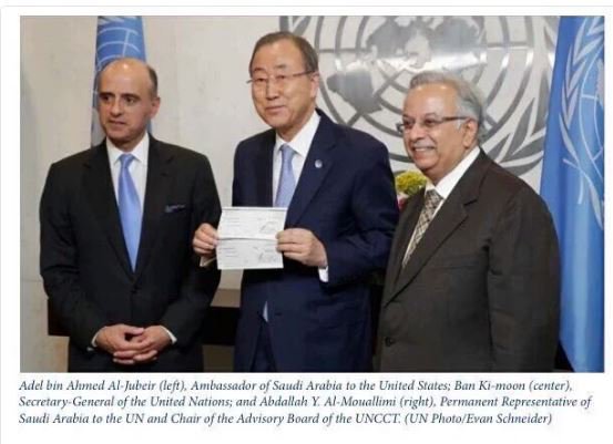 KenRoth's tweet photo. Ban Ki-moon (posing with Saudi FM, ambassador, and $100M check) shows what it takes to silence his criticism. https://t.co/2lM7yzPGob