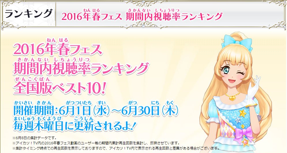 O Xrhsths アイカツ シリーズ データカードダス公式 Sto Twitter アイカツ Tv春フェス視聴率ランキング開催中 春フェス動画の累計視聴率で1位になると 公式hpトップにあなたのステージムービーが掲載されるよ アイカツスターズ T Co Bttmlulwyh O Xrhsths アイカツ シリーズ データカードダス公式 Sto Twitter アイカツ Tv春フェス視聴率ランキング開催中 春フェス動画の累計視聴率で1位になると 公式hpトップにあなたのステージムービーが掲載されるよ アイカツスターズ T Co Bttmlulwyh