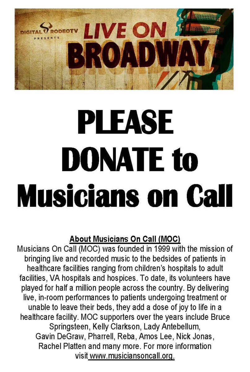 Tickets for Fri Sat and Sun available at door with a cash donation to Musicians On Call.