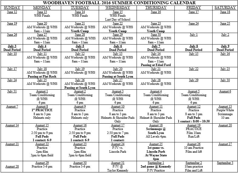 Woodhaven Football Summer Calendar