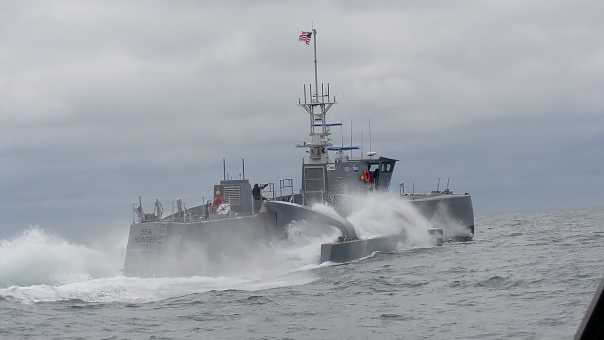 DARPA's tweet photo. Behold the maiden voyage of the Sea Hunter, out for its first ocean trials on Tues., June 7. #ACTUV #Navy https://t.co/x2gyp3WyzV