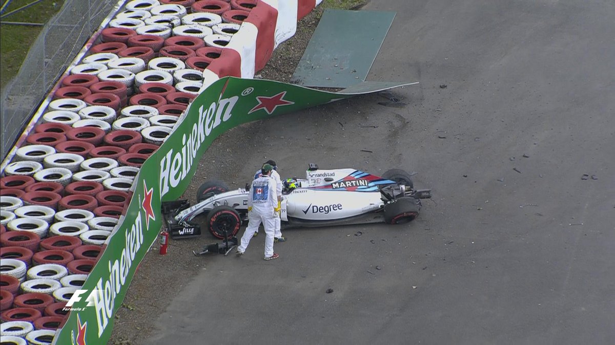 F1's tweet photo. RED FLAG: On-track action comes to a halt as @MassaFelipe19 ends up in the barrier at Turn 1 #CanadianGP 🇨🇦 https://t.co/a9Z5Jmlfws