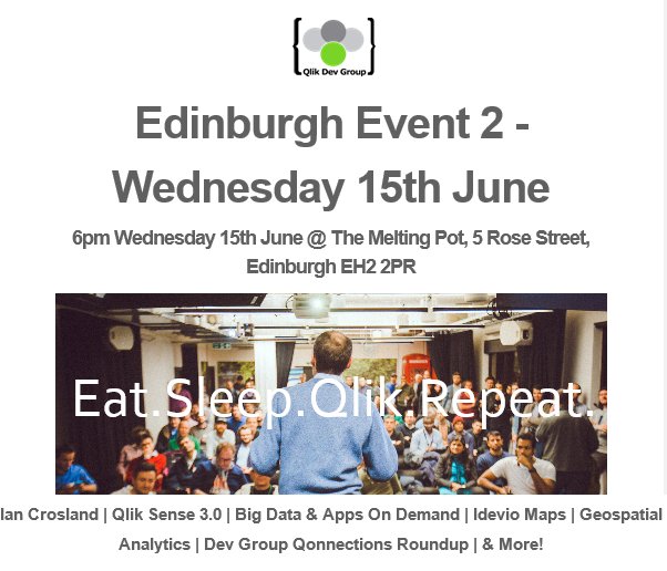 brian_booden's tweet photo. 5 days - @qlikdevgroup Edinburgh on 15 June, Register https://t.co/PhgLToV5Uw @Qlik Sense 3, @IdevioMaps, #bigdata! https://t.co/LlFnXwW1fw