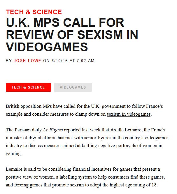 ianmiles's tweet photo. Apparently "sexism in video games" is so much of a pressing issue that UK MPs want to create new laws against it. https://t.co/Myt7EahehR
