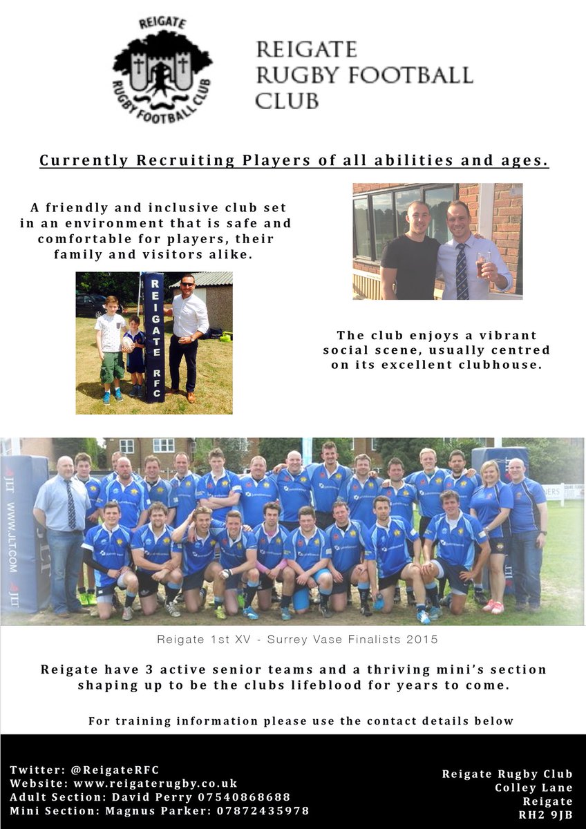 ReigateRFC's tweet photo. Looking for a new club?? We are recruiting for our 16/17 campaign! All abilities welcome! #Reigate #Rugby https://t.co/sJ5NGjPxUY