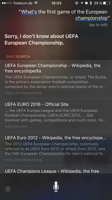 This is getting weirder by the day! #siri #uefa #euro2016 /cc @timohetzel https://t.co/GEVyBNO02t<a href="/tag/siri"class="tags">#siri</a><a href="/tag/uefa"class="tags">#uefa</a><a href="/tag/euro2016"class="tags"><span>#euro2016</span></a>