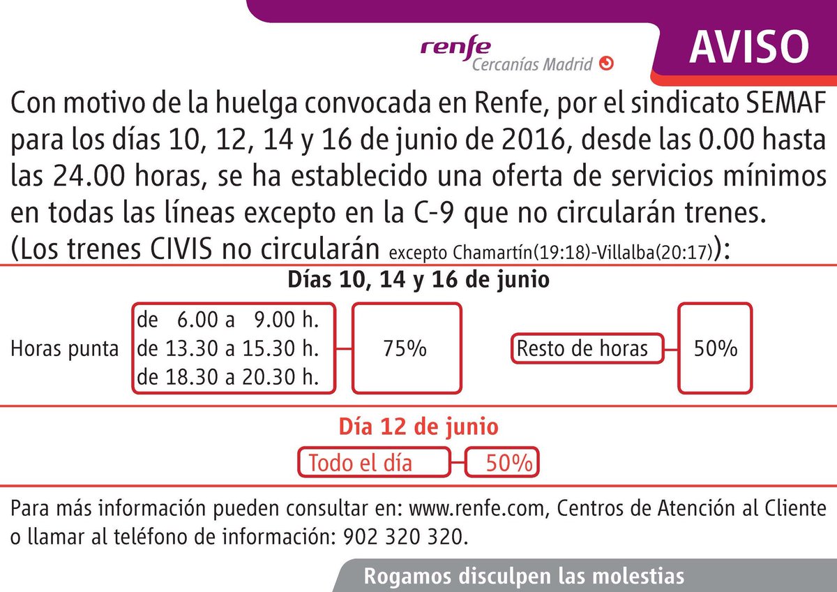 Aviso a los valdemoreños!
Durante hoy, el próximo domingo, martes y jueves habrá huelga de <a href="/CercaniasMadrid/">Cercanías Madrid</a>