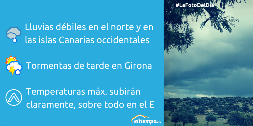 ElTiempoes's tweet photo. #ElTiempoMañana ¡Lluvias por el norte y temperaturas al alza! Vuelve el #calor Más detalles https://t.co/vHw93UizwM https://t.co/Dzh3xPcFiK