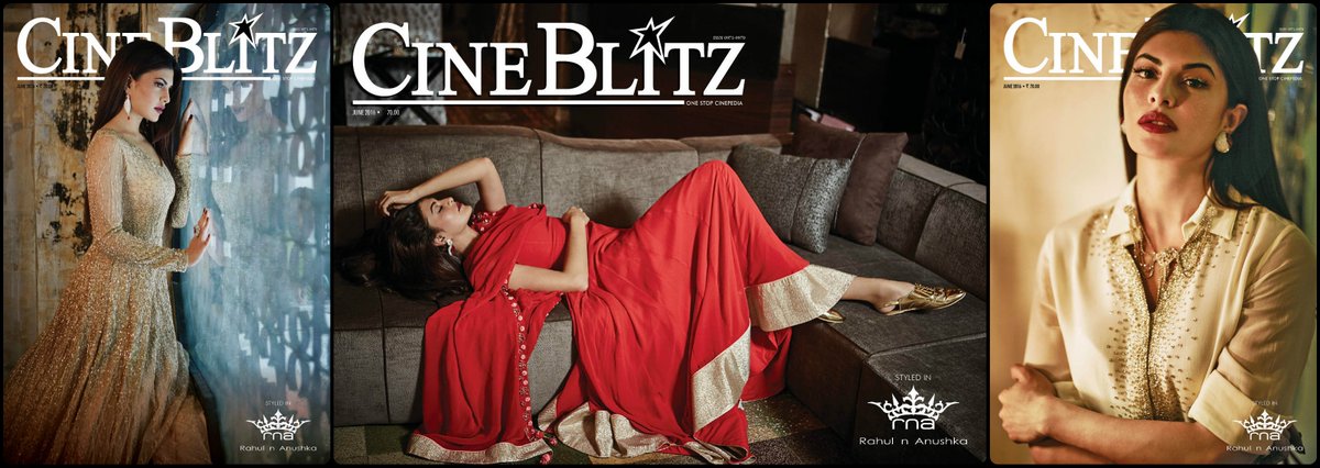 RahulandAnushka's tweet photo. #Jacqueline sizzles in the June edition of #Cineblitz in elegant garments designed by #RahulandAnushka! #housefull3 https://t.co/Cy4G0eDR65