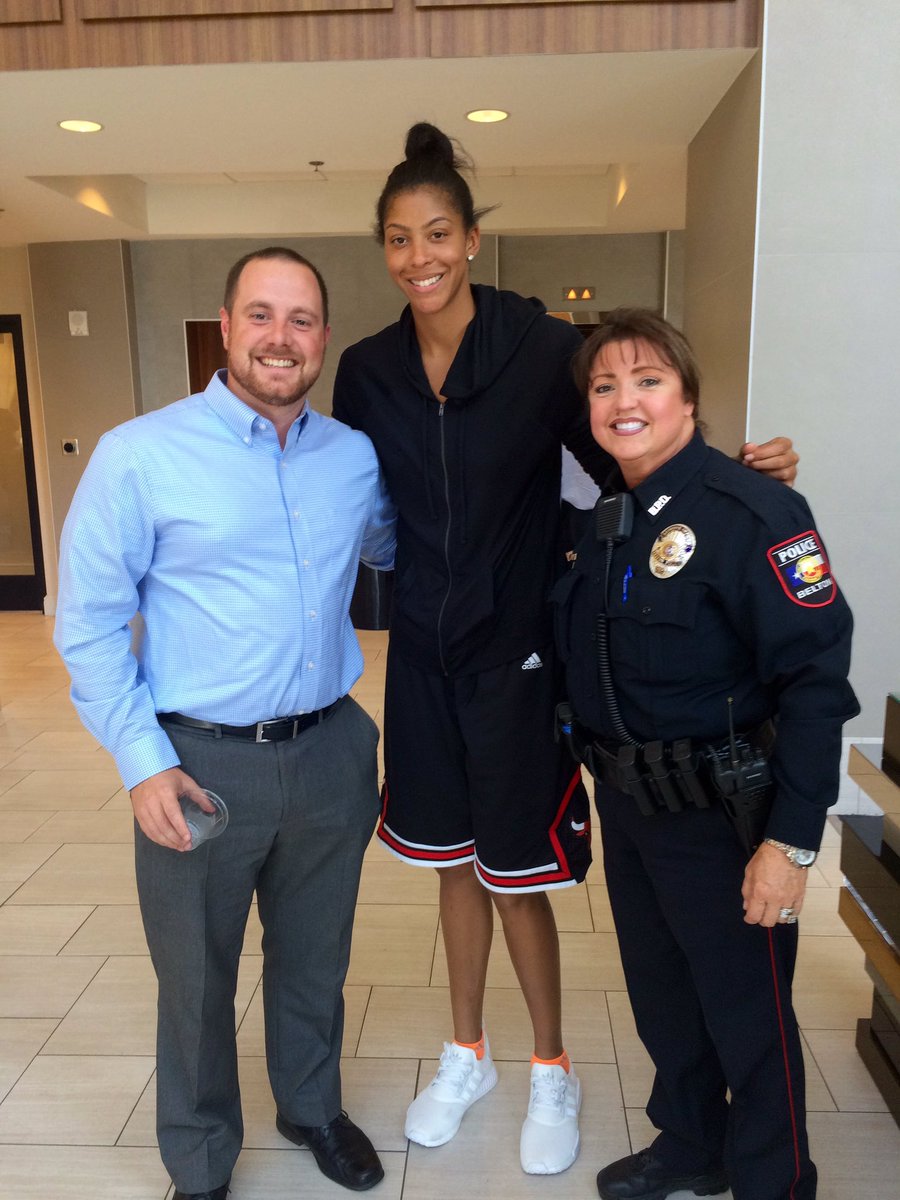 beltontexasgov's tweet photo. Candace Parker, LA Sparks, with Parks and Recreation Director Matt Bates and Officer TammyJo McCleney. #Tamio16 https://t.co/ZbSra5eEPh