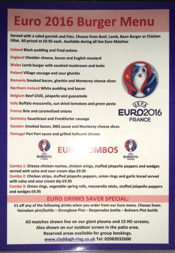 Showing all the live Euro's here with our NEW burger menu & drink specials. Call 02082032600 to reserve an area now.