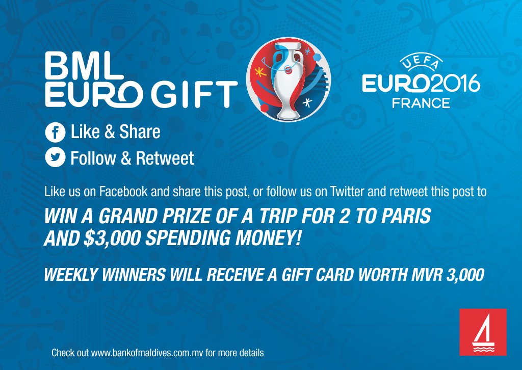 bankofmaldives's tweet photo. Follow us on Twitter &amp; Retweet this to win a trip for 2 to Paris with $3,000 spending money! #BMLEuroGift #EURO2016 https://t.co/4xMzIKi2nv