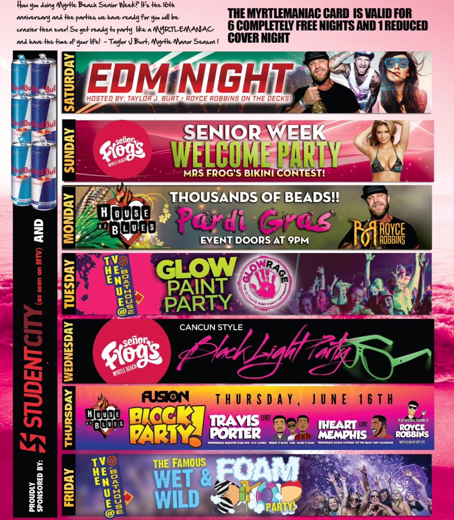 SENIOR WEEK WEEK 3! PARTY ALL WEEK FOR ONE LOW PRICE BY PURCHASING A MYRTLE MANIAC CARD!
👉 glo.st/seniorweek16 👈