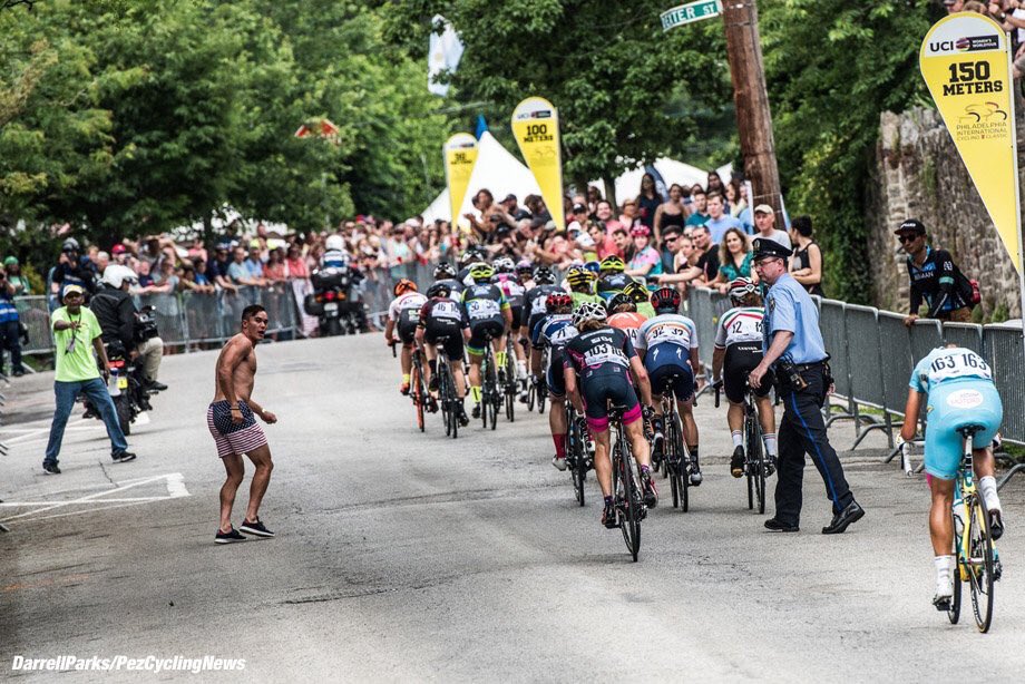 After racing <a href="/PhillyBikeRace/">PHL Intl Cyc Classic</a>, <a href="/TravisMcCabe/">Travis McCabe</a> turned super fan during the women's race. Luckily he's got a sprint.