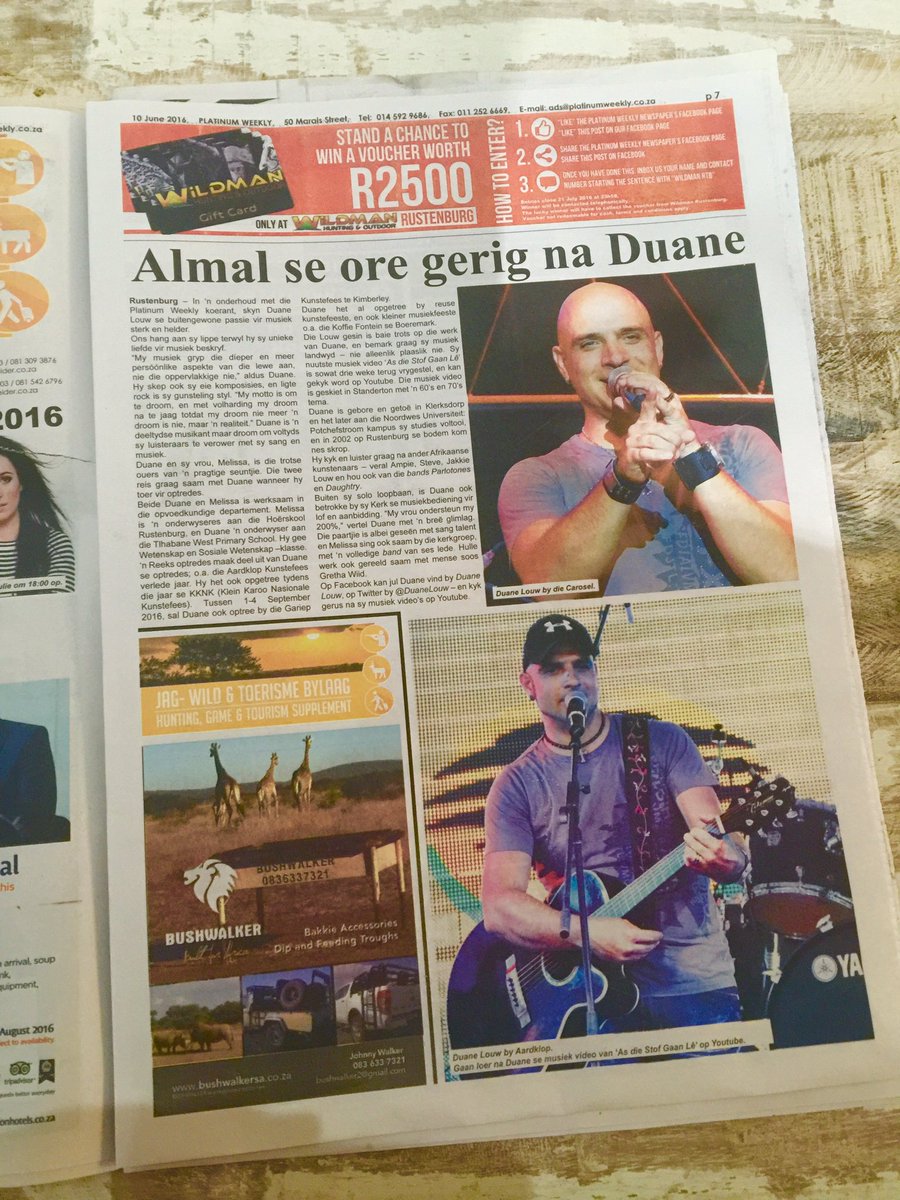 DuaneLouw's tweet photo. Baie dankie @JocindaO en @myrtledouglas10 van @PlatinumWeekly vir lekker onderhoud en great artikel!@360musiek https://t.co/HtCVNfY9Nd