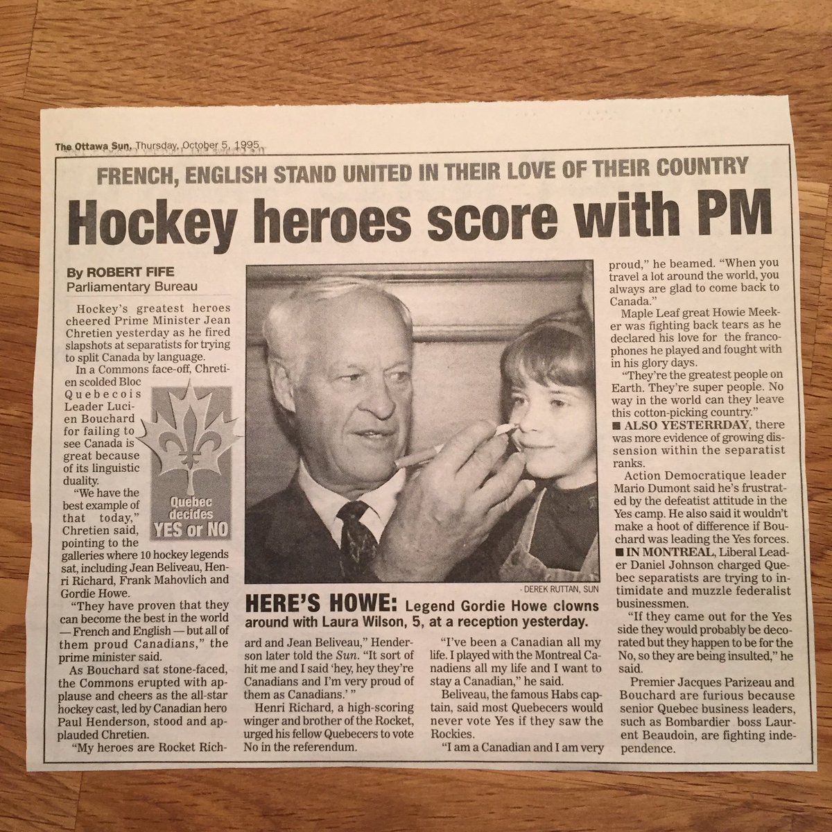LauraKWils's tweet photo. To honour #MrHockey 's passing, sharing a '95 @ottawasuncom  clipping by @RobertFife of #GordieHowe signing my nose https://t.co/GWEwqlvcBc
