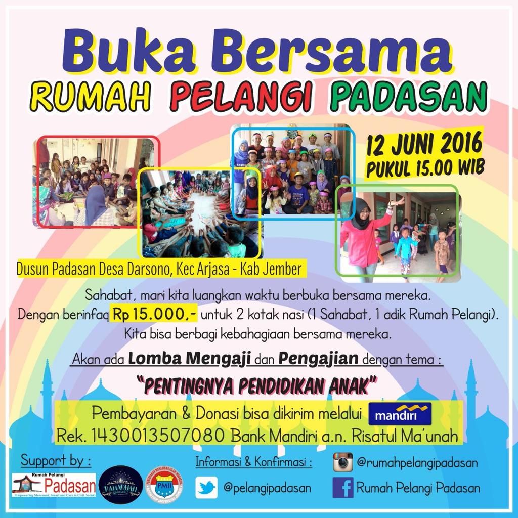 PMIIRaFisUnej's tweet photo. BUBER Komunitas @pelangipadasan tgl 12 Juni 2016. Mari berbagai kebahagiaan di Bulan Suci Ramadhan. Anfahum linnas https://t.co/a3qtUY10z9