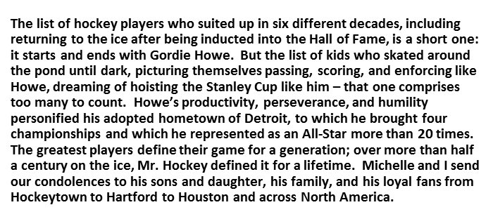 NHLPR's tweet photo. Statement from President Obama (@POTUS) on the passing of Gordie Howe. #9RIP https://t.co/YZOxF4Wpp8