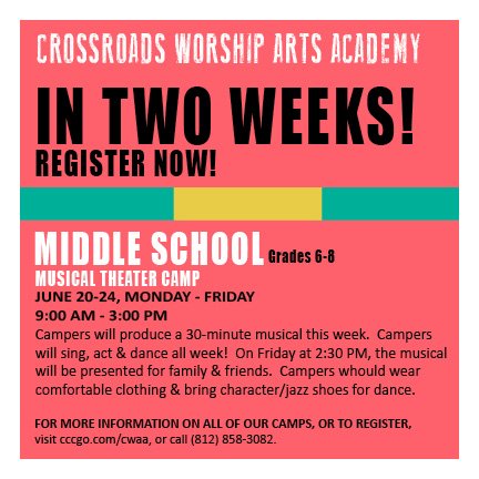CrossroadsWAA's tweet photo. Join this popular week of camp, designed for those middle schoolers interested in musical theater! https://t.co/CEWc9ZyUBx