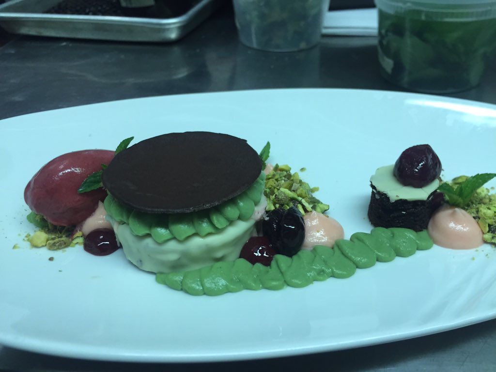 Chocolate cake, pistachio, cherry &amp; chocolate mint.