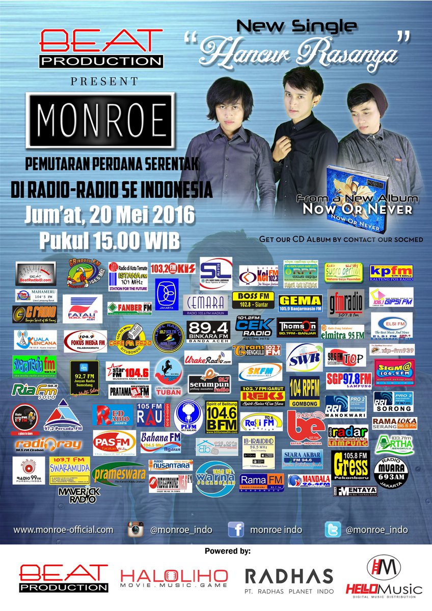 #PemutaranSerentak <a href="/monroe_indo/">MONROE BAND OFFICIAL</a> - HANCUR RASANYA | MD : <a href="/leeugenkhoo/">Oh !</a>

Prod : <a href="/BeatProID/">BEAT PRODUCTION</a>
#Postlate
#SukaRetweet
