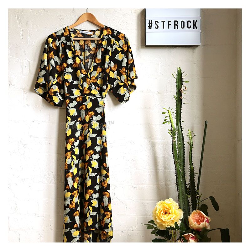 SALE TIME! Brighten your winter with the 'Daphne Wrap Dress in Golden Leaf Print', $45! ow.ly/GSI1300WSlN